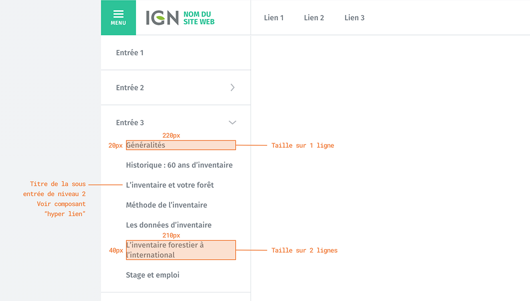 Sous navigation - Niveau 2 - Détails et taille éléments